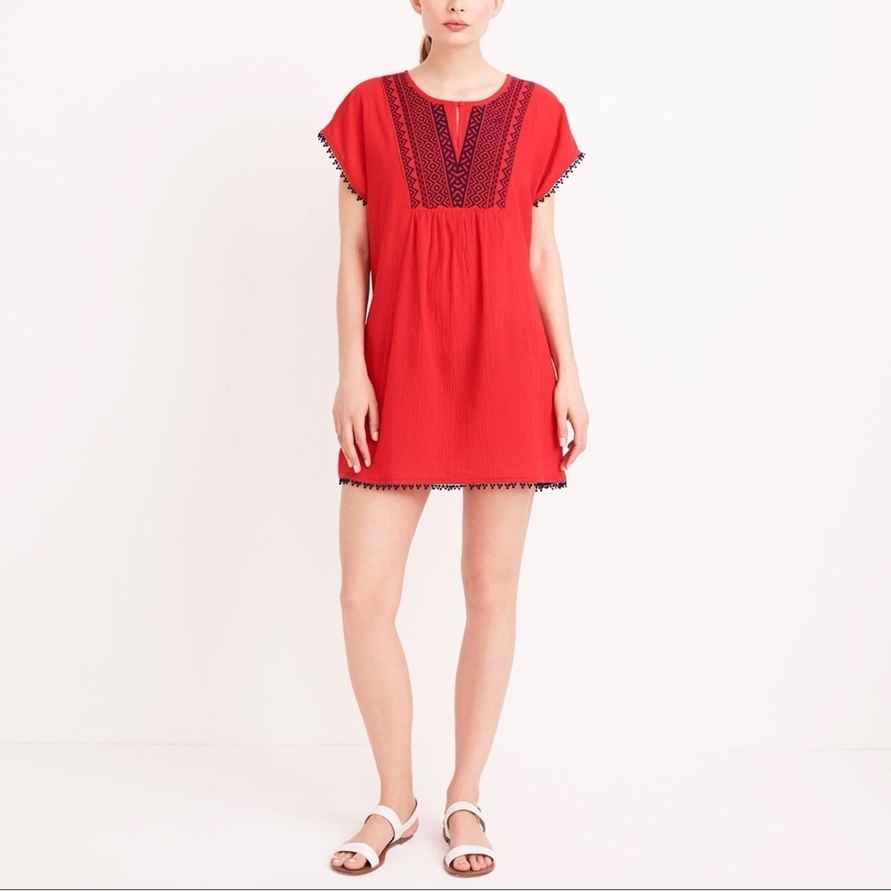 J CREW Red Crinkled Cotton Navy Embroidered Trim Keyhole Neck Tunic Mini  sz M